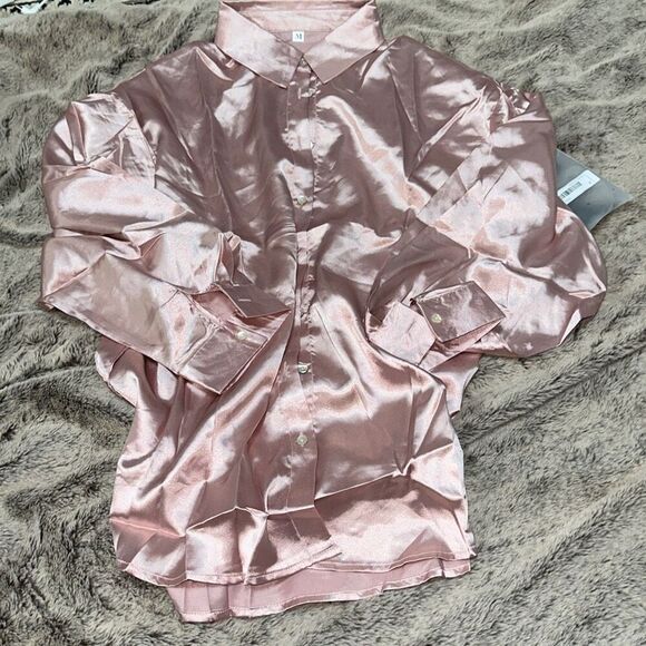 Sheinâlong sleeve collared button up satin feel shirt | Sz M - Picture 4 of 4